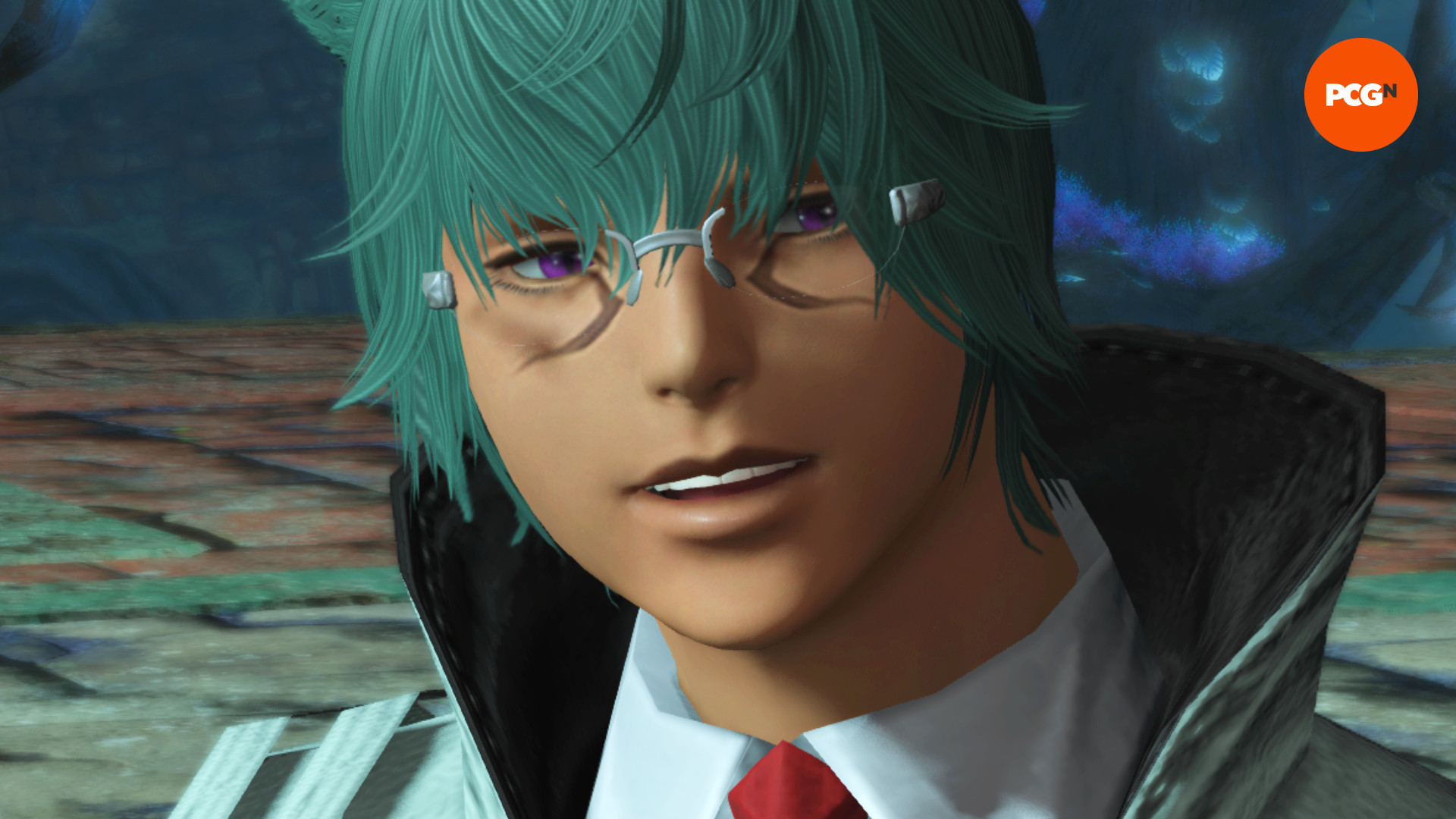 FF14 Dawntrail - Newcomer Koana, a teal-haired Miqo'te wearing white-framed glasses.