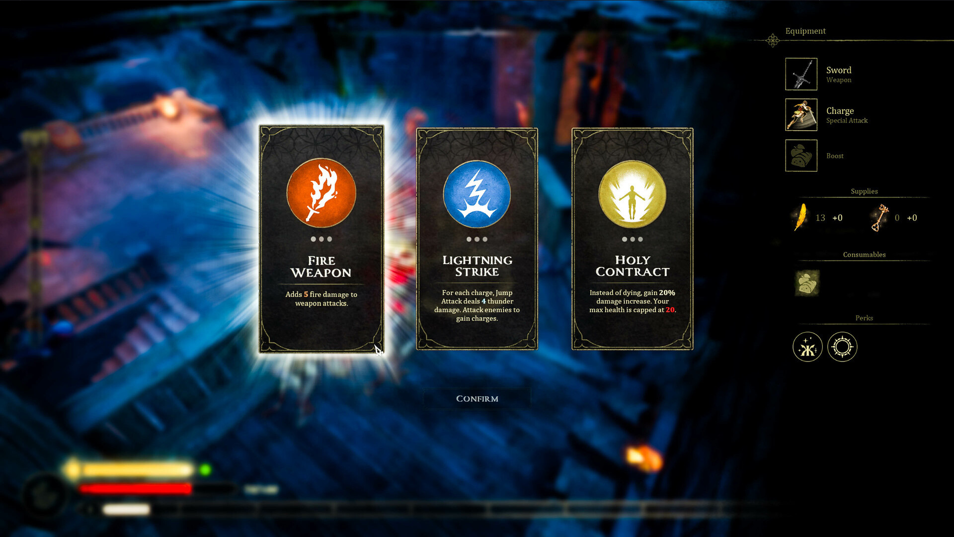 Hordes of Hunger upgrades - the player decides between 'Fire weapon,' 'Lightning strike,' and 'Holy contract' abilities.