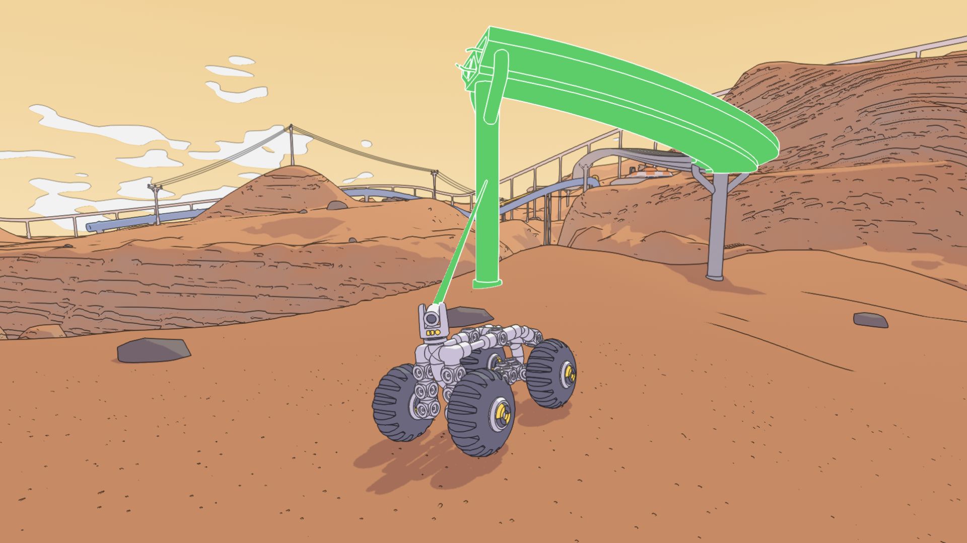 Mars First Logistics roads and trains: a little rover on Mars putting down a monorail