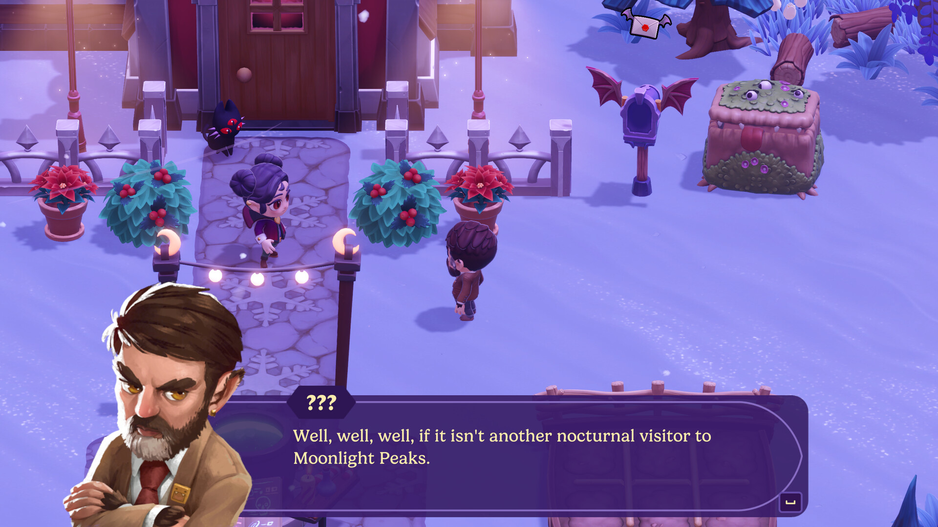 A young cartoon girl with space buns approaches a man in a snowy area in front of a small house