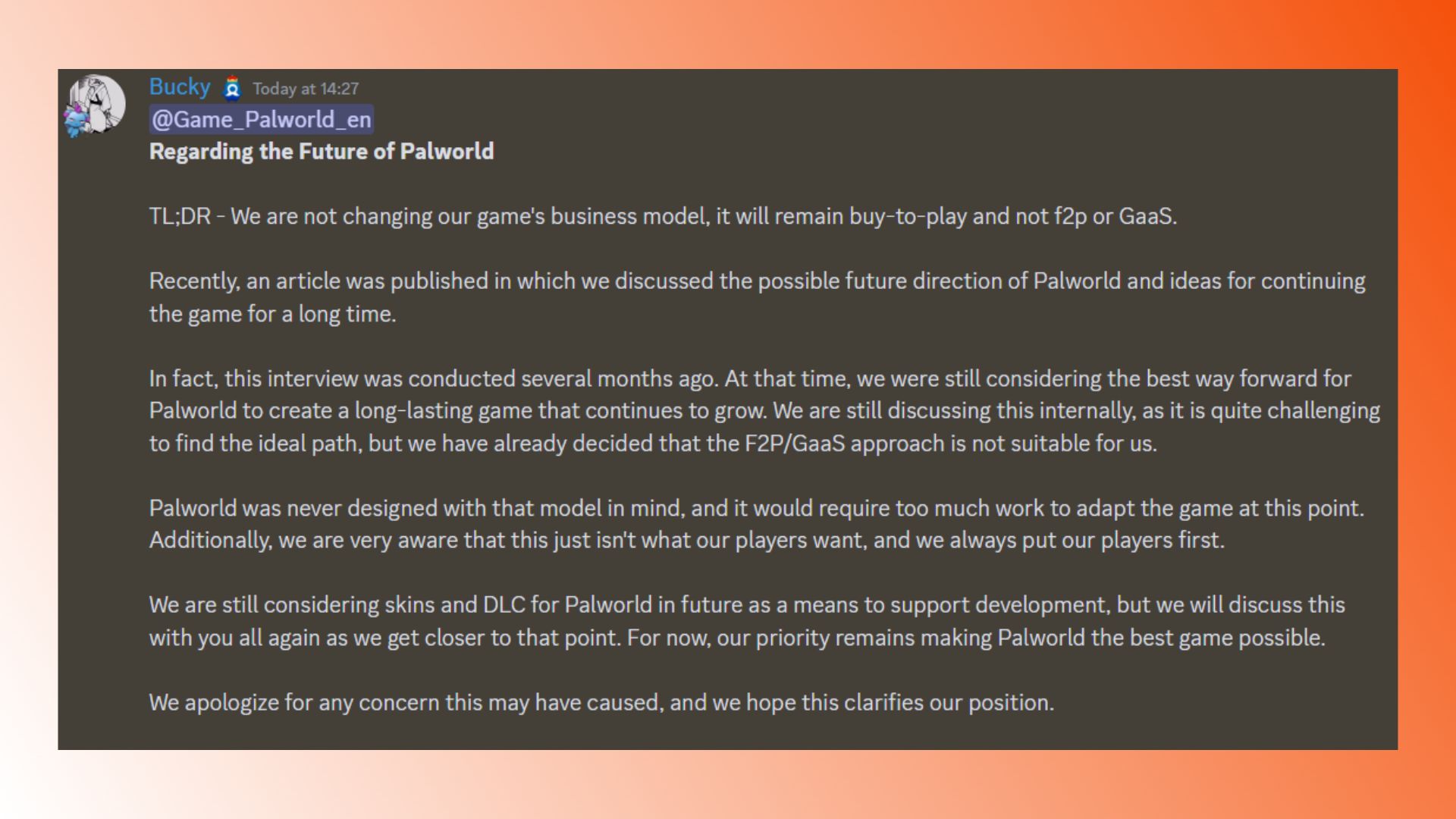 Palworld not free to play: a Discord message about the future of Palworld