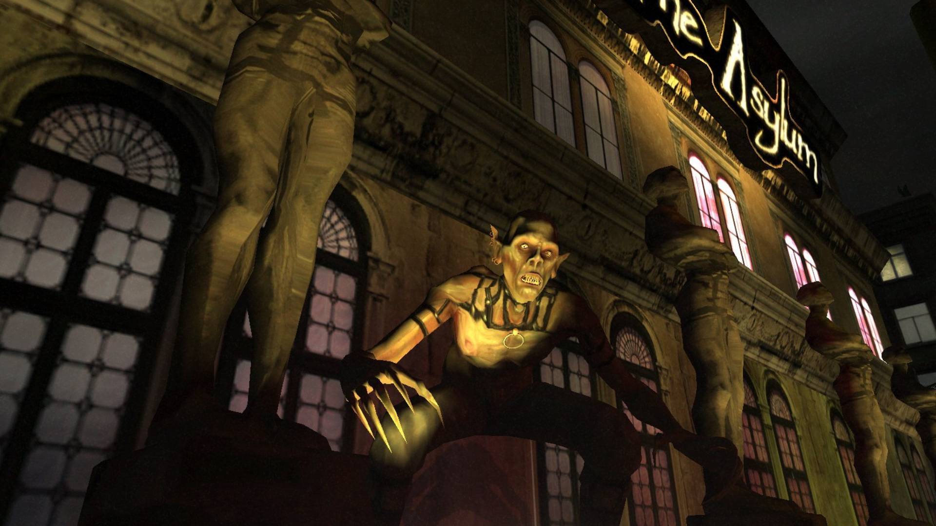 A creepy looking vampiric monster looks down from a shadow building with 'The Asylum' written on iit