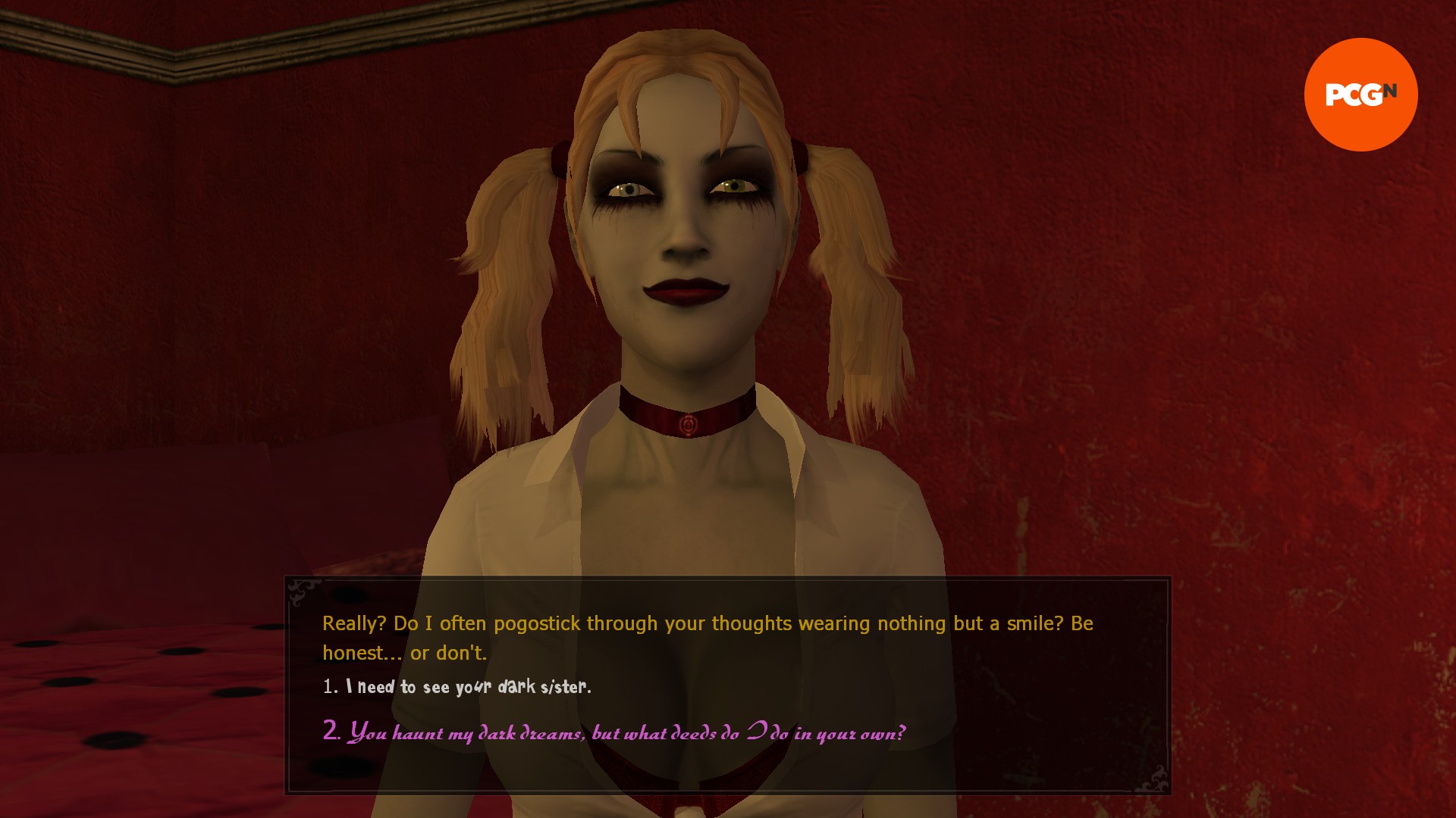 A pale woman with black eyeshadow and blond hair tied into pigtails wearing a low cut white shirt and a choker stands in a red room