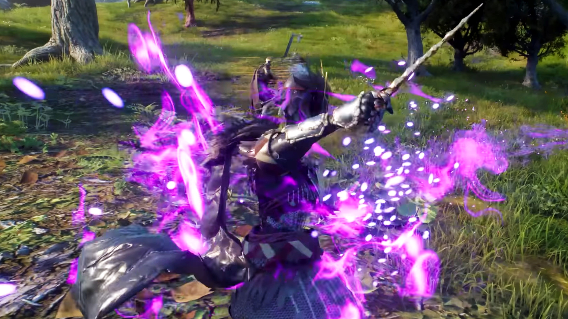 Ashes of Creation Alpha Two - purple smoke circles a warrior.