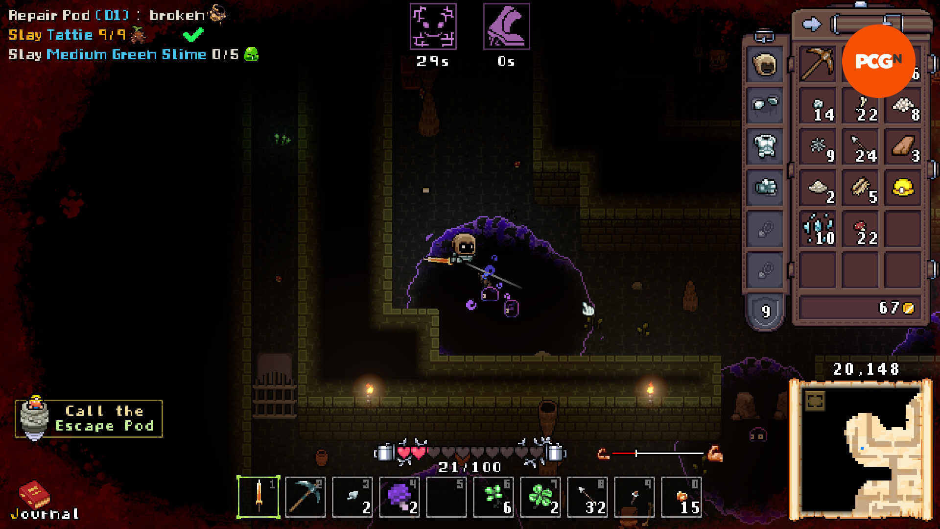 Below the Stone Caves Awaken part two update - The player fights through a dungeon, fending off mysterious purple slimes that are emanating a negative-hued ooze around them.