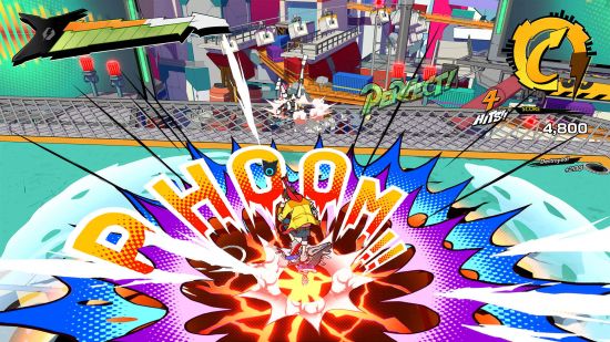 Best action games: a slamming attack decimates foes in Hi-Fi Rush.