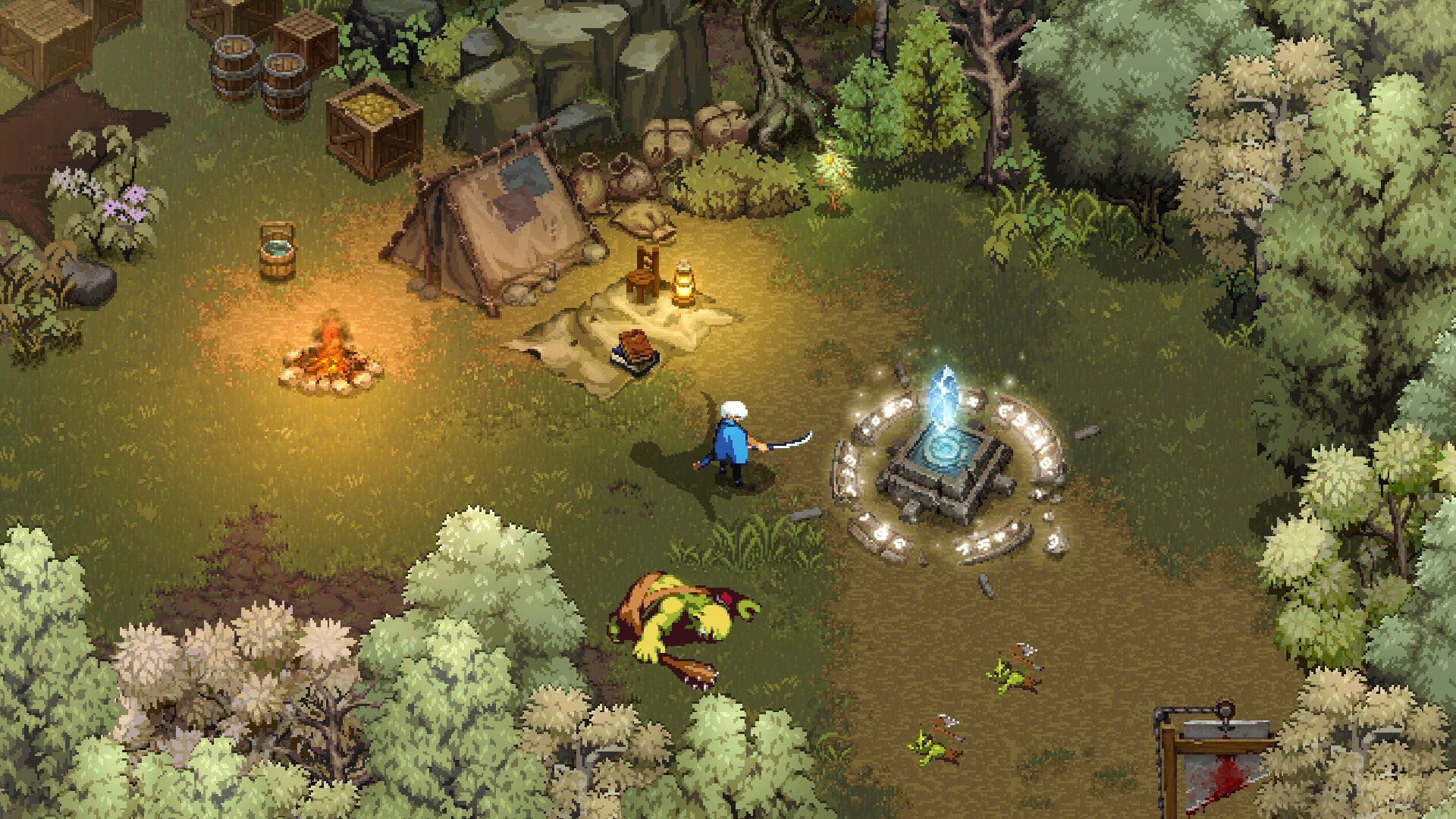 Cursebane - The katana-wielding protagonist inspects a frost shrine in a goblin camp.