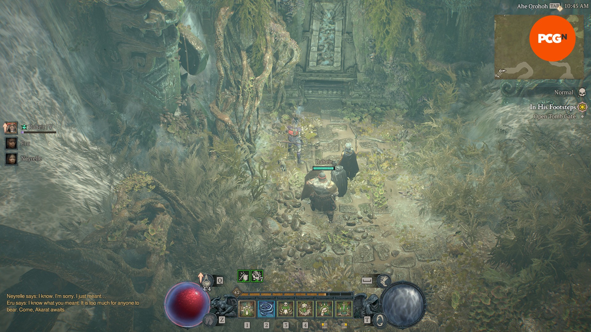 Diablo 4 Vessel of Hatred brings back 2's best zone, then makes it "richer": An image of Diablo 4, characters standing in a jungle area in front of a locked tomb door