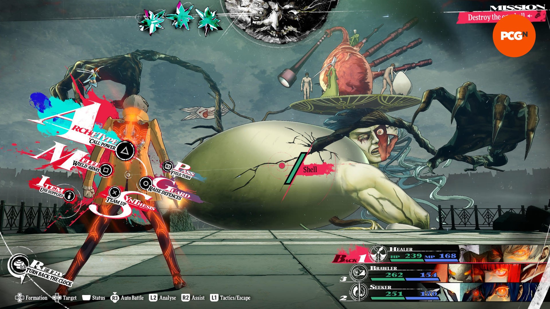 A man in an orange jacket looks at a creature with a human face and egg body with text battle commands overlaying them, from Metaphor ReFantazio.