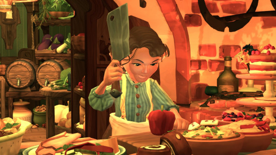 Tales of the Shire release date: A female Hobbit holds a meat cleaver as she cooks in Tales of the Shire.