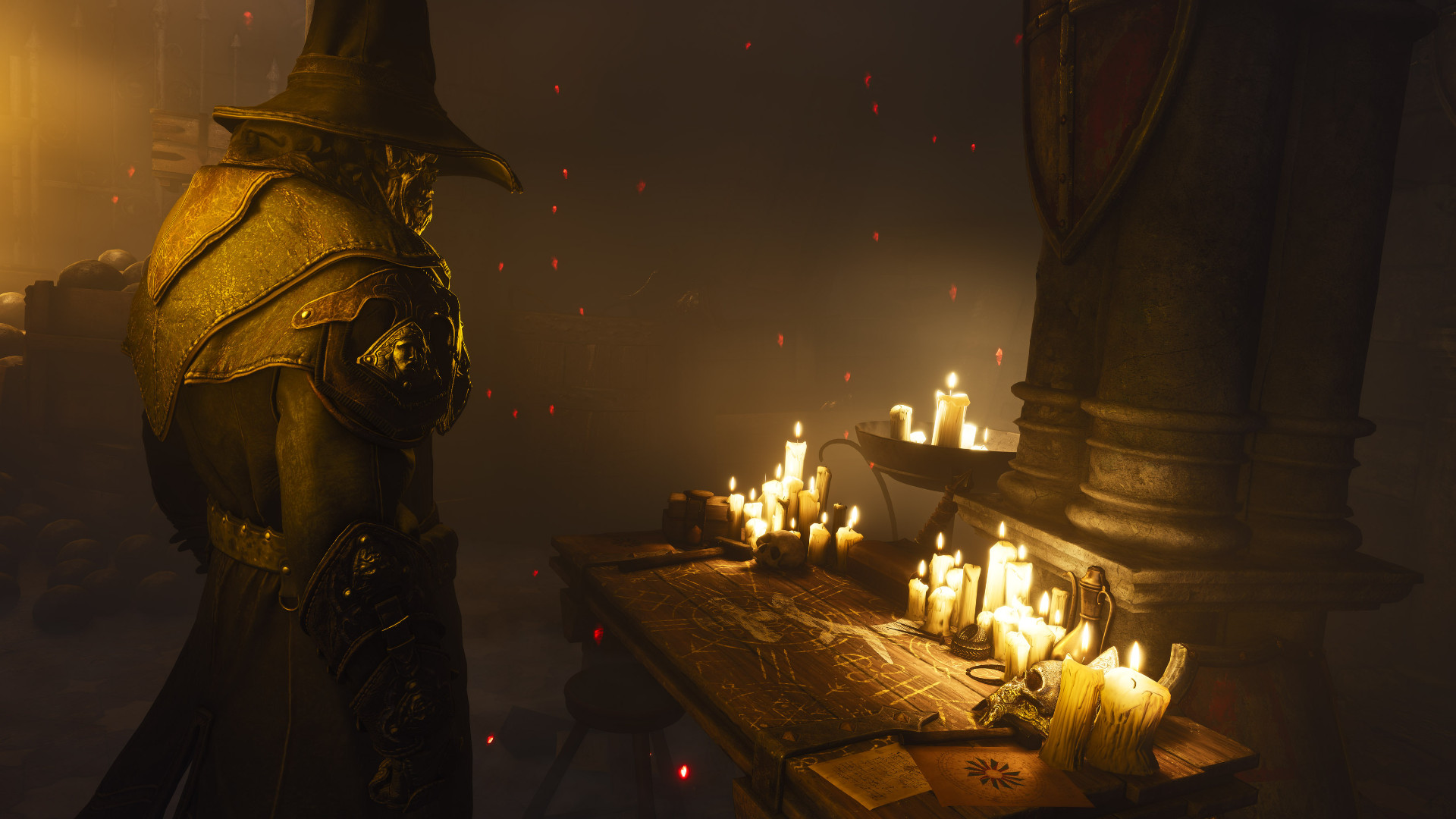 Witchfire - A figure in leather armor and a tall hat looks at a table covered in candles.