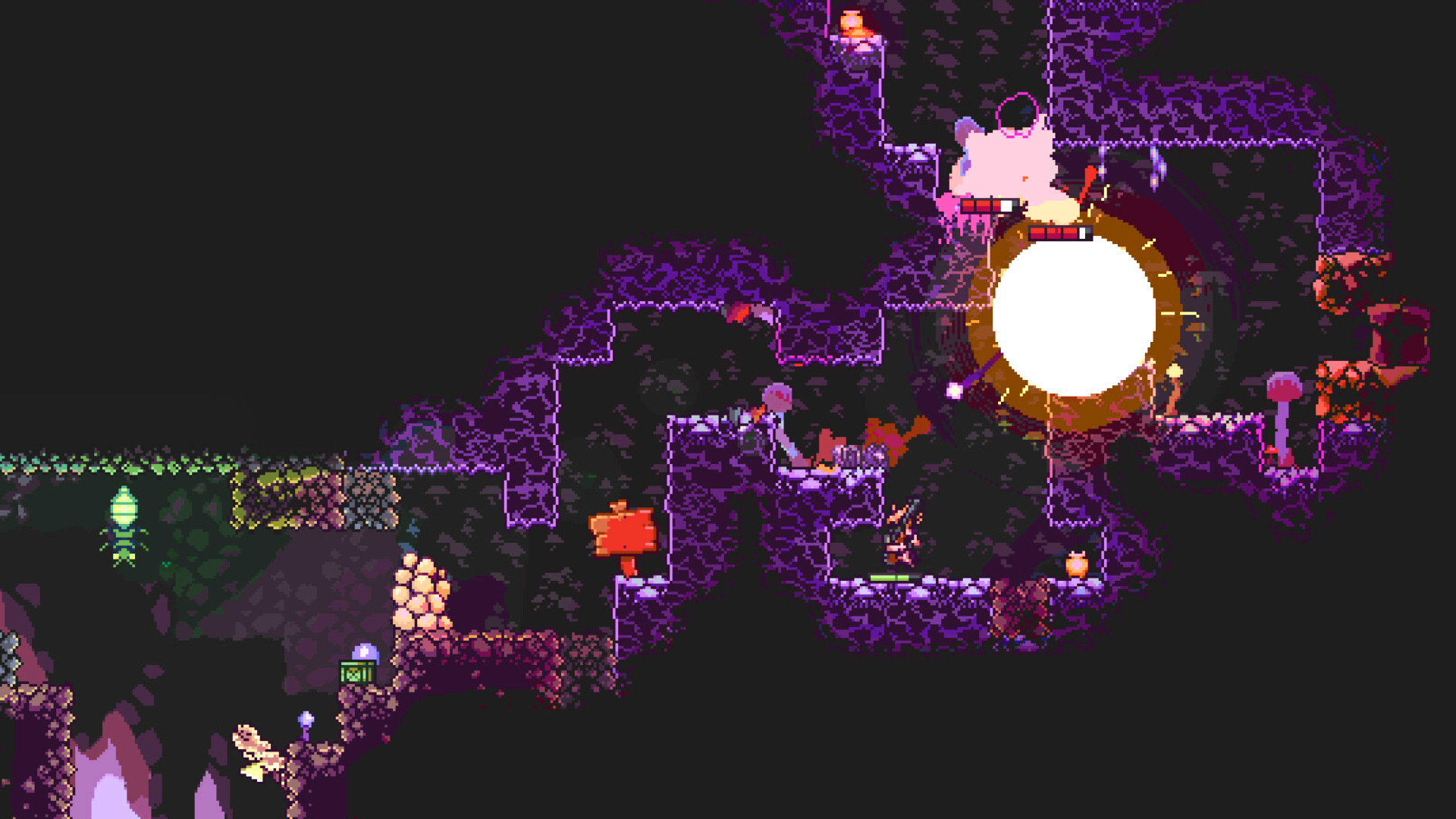 Ants Took My Eyeball - A player blasts their way through insects in a cavern network with purple walls.