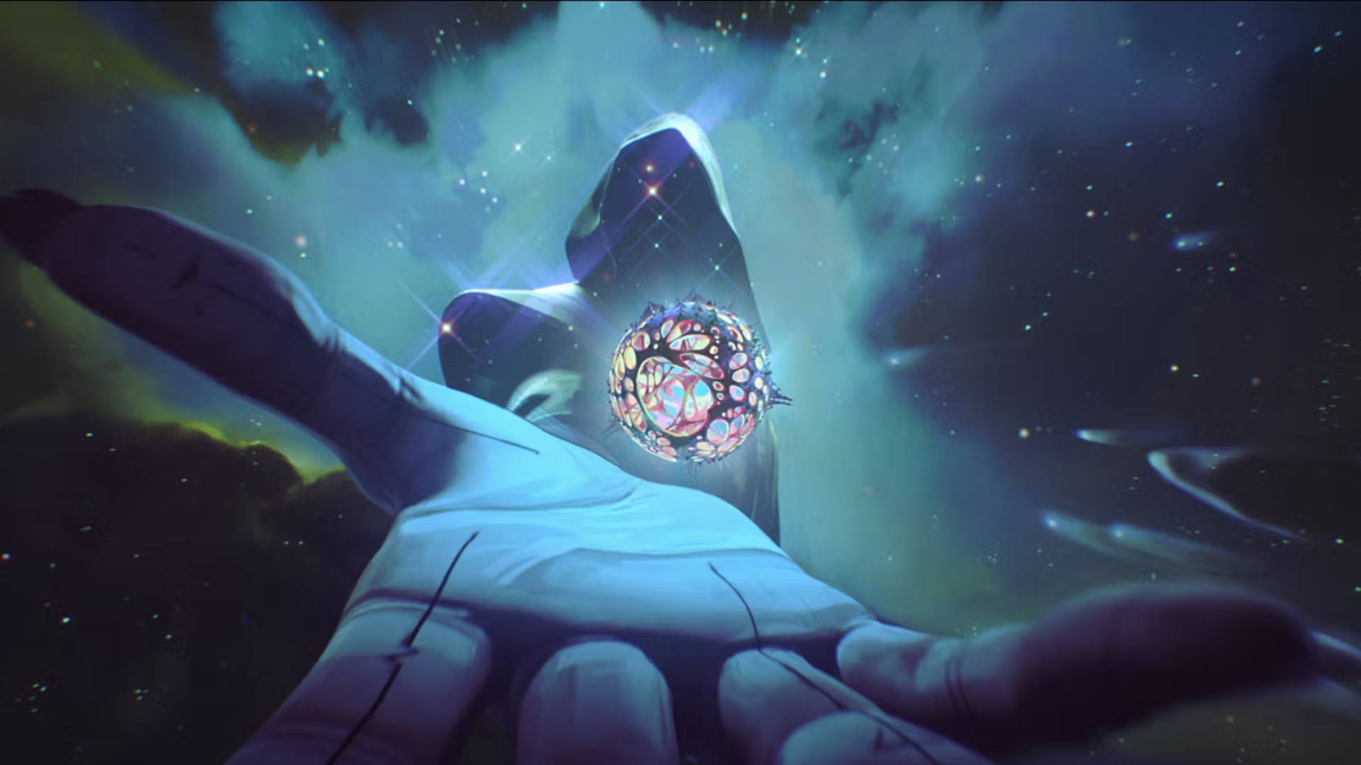 A hooded figure in a space area reaches out a hand, holding a glowing, spiked Hexcore out to the camera