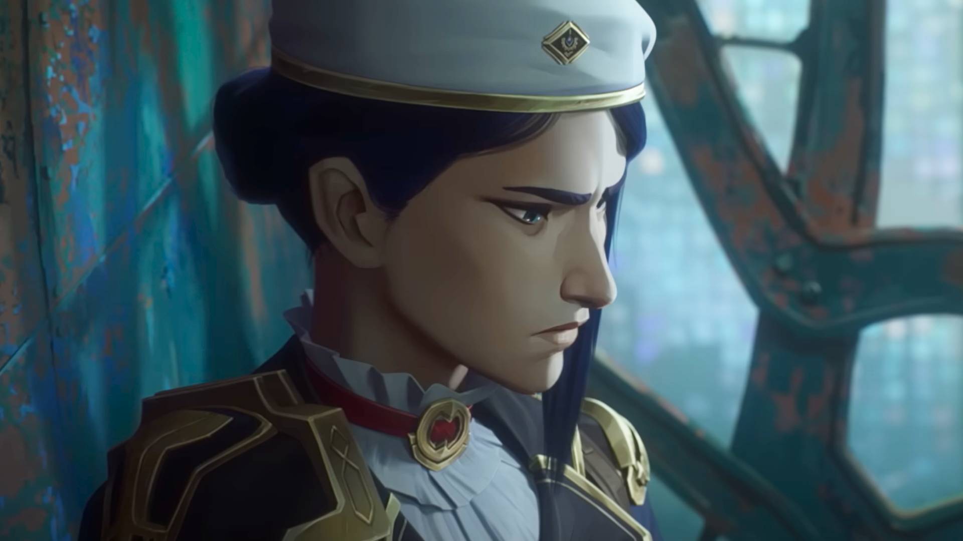 An animated woman with blue hair tied back in a bun wearing a white military cap and ruffled dress shirt frowns at something off-camera