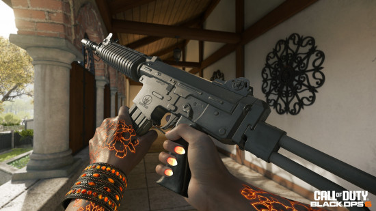 The Sevati Dumas Blackcell skin glows orange as she holds the Krig C, one of the new Black Ops 6 Season 1 weapons.