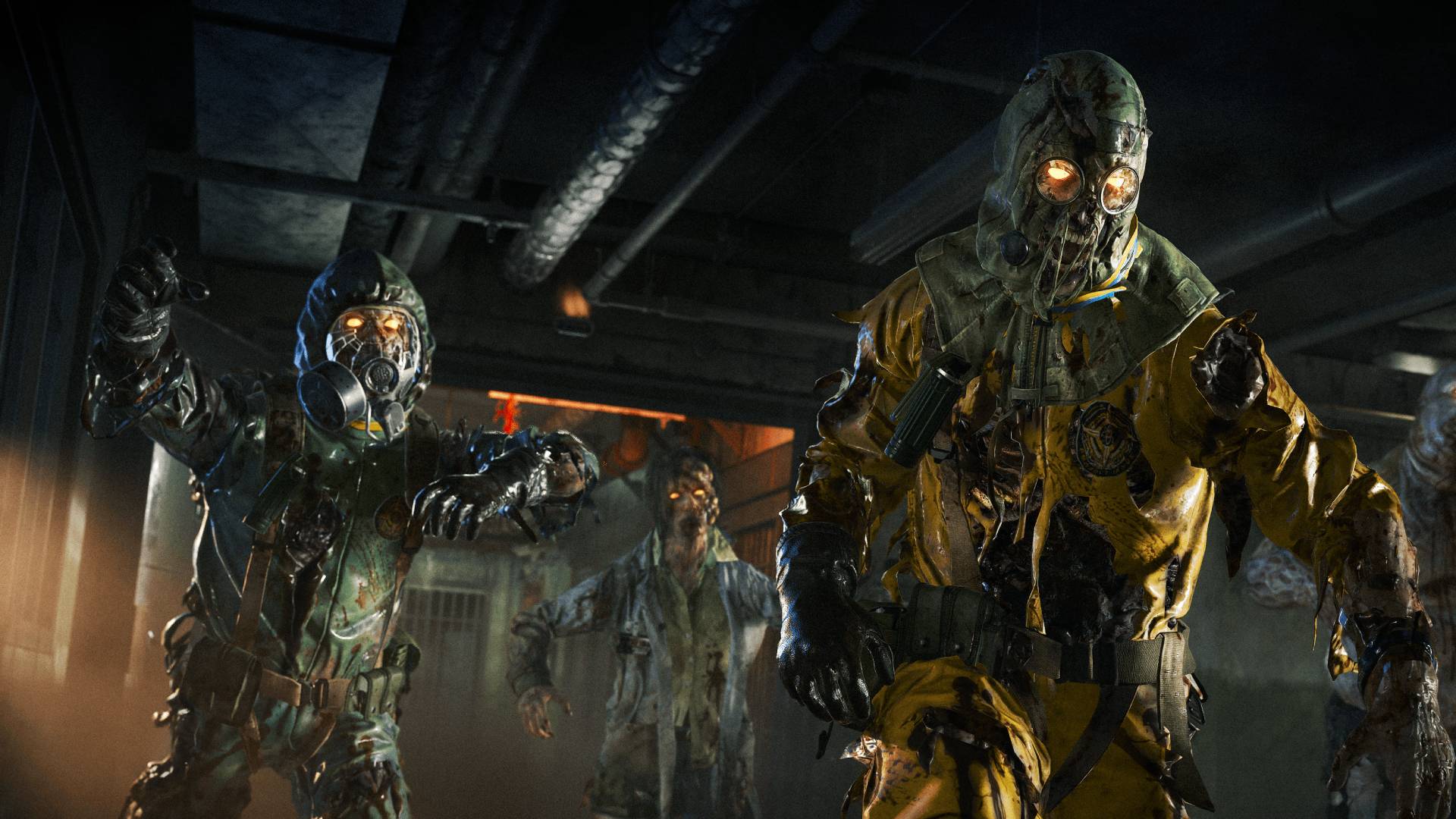 A collection of zombies wearing biohazard ger lumer towards the camera with glowing orange eyes