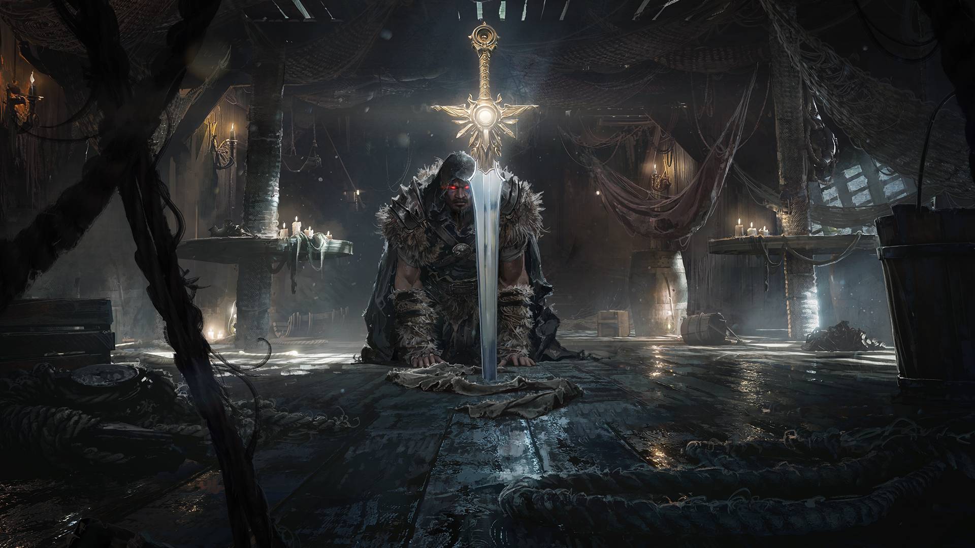 A rugged man wearing a shaggy cloak kneels in front of a glowing sword in a dimly lit ship's cabin