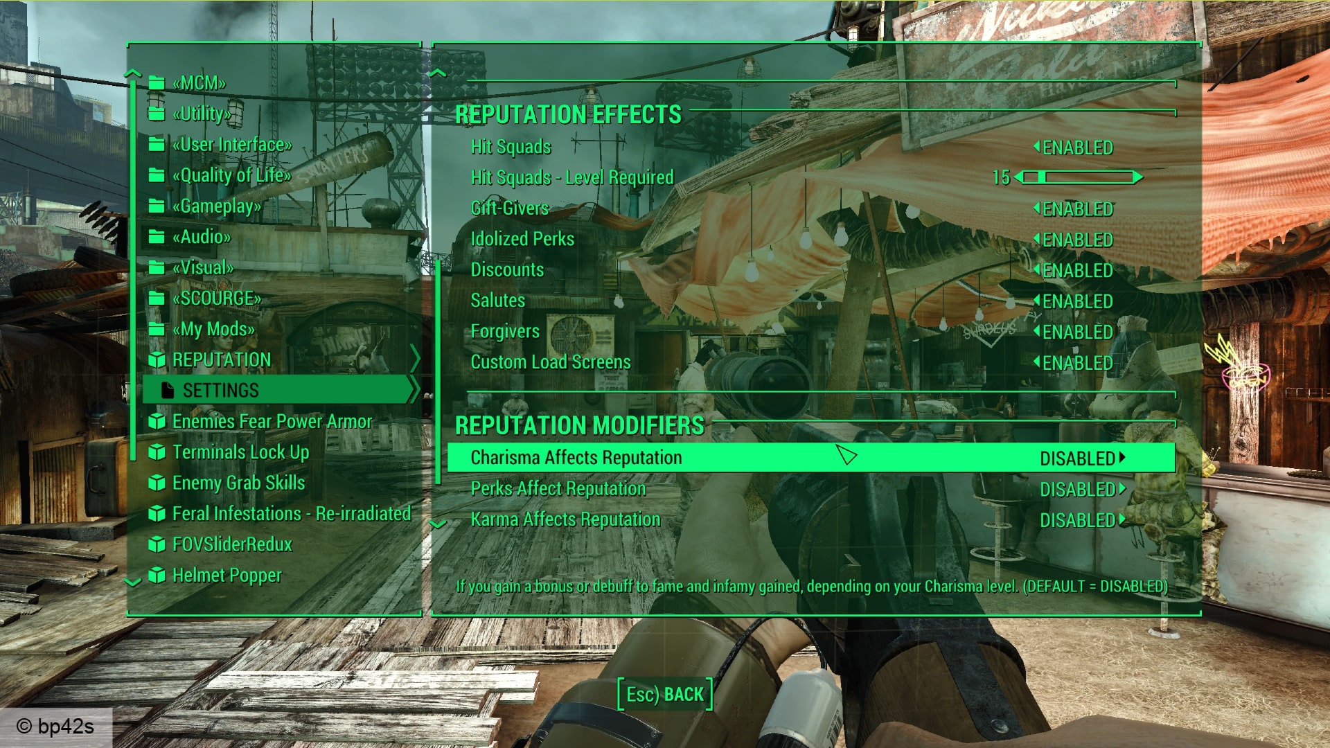 Fallout 4 mod reputation: a look at a green settings menu screen in Fallout 4