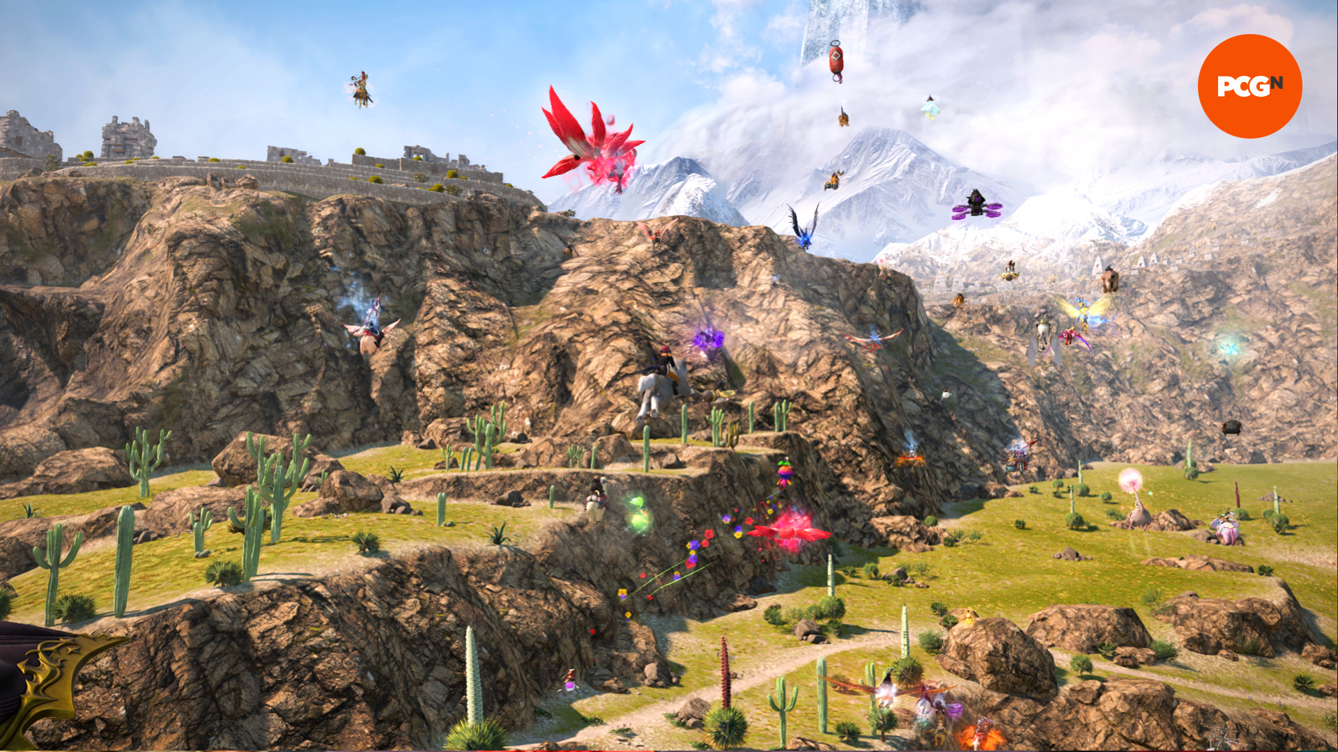 FF14 Dawntrail hunt trains - A group of players ride across Urqopacha.