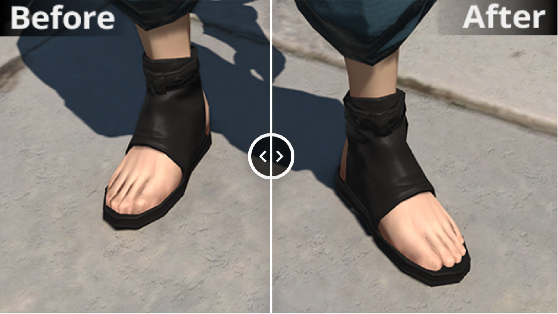 FF14 7.1 patch notes - A before and after look at the improved toe detail on many shoe types.