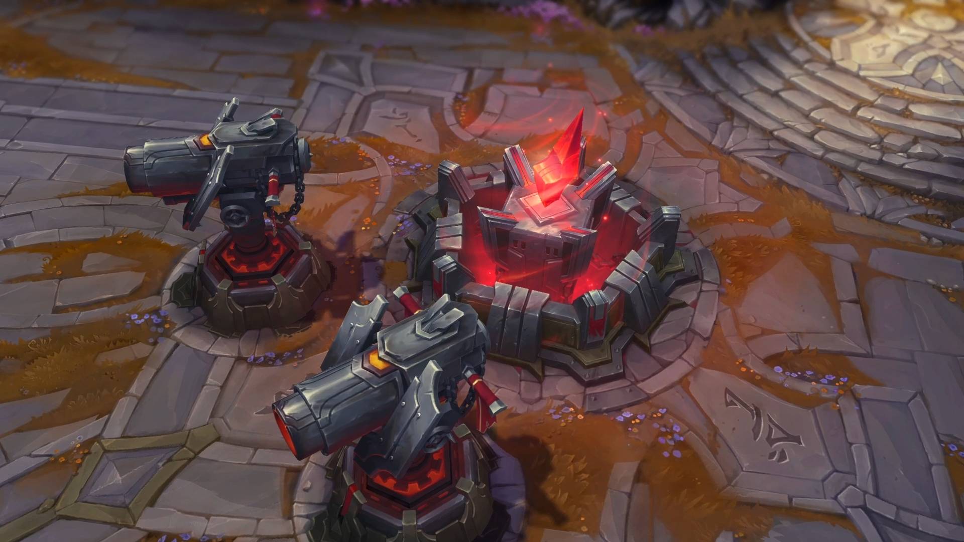 An image of huge cannons in front of a glowing steel Nexus in League of Legends