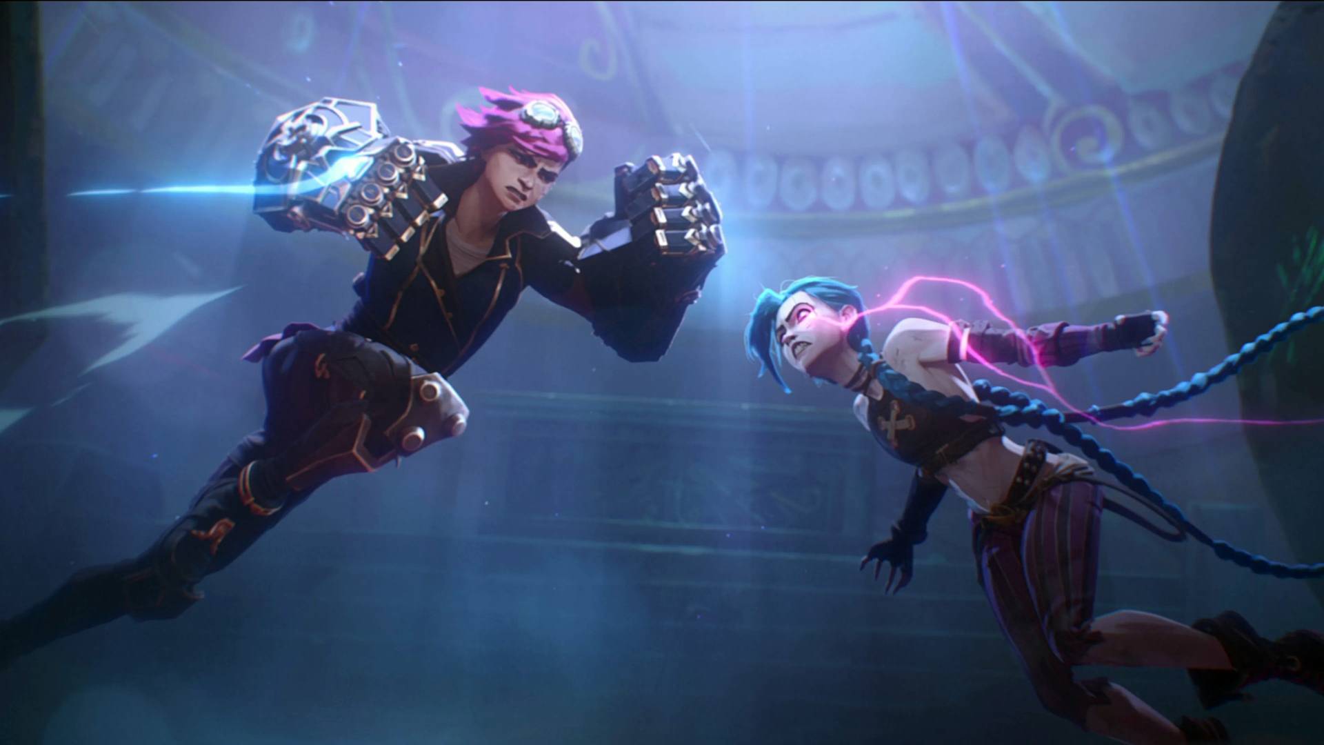 An image of League of Legends champions Jinx and Vi fighting in an underground area in Arcane