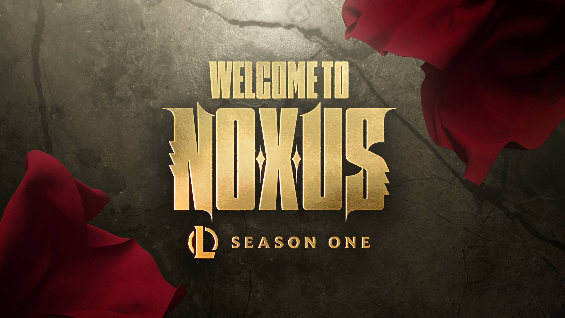 An image from League of Legends reading 'welcome to Noxus' as red silk flutters around it