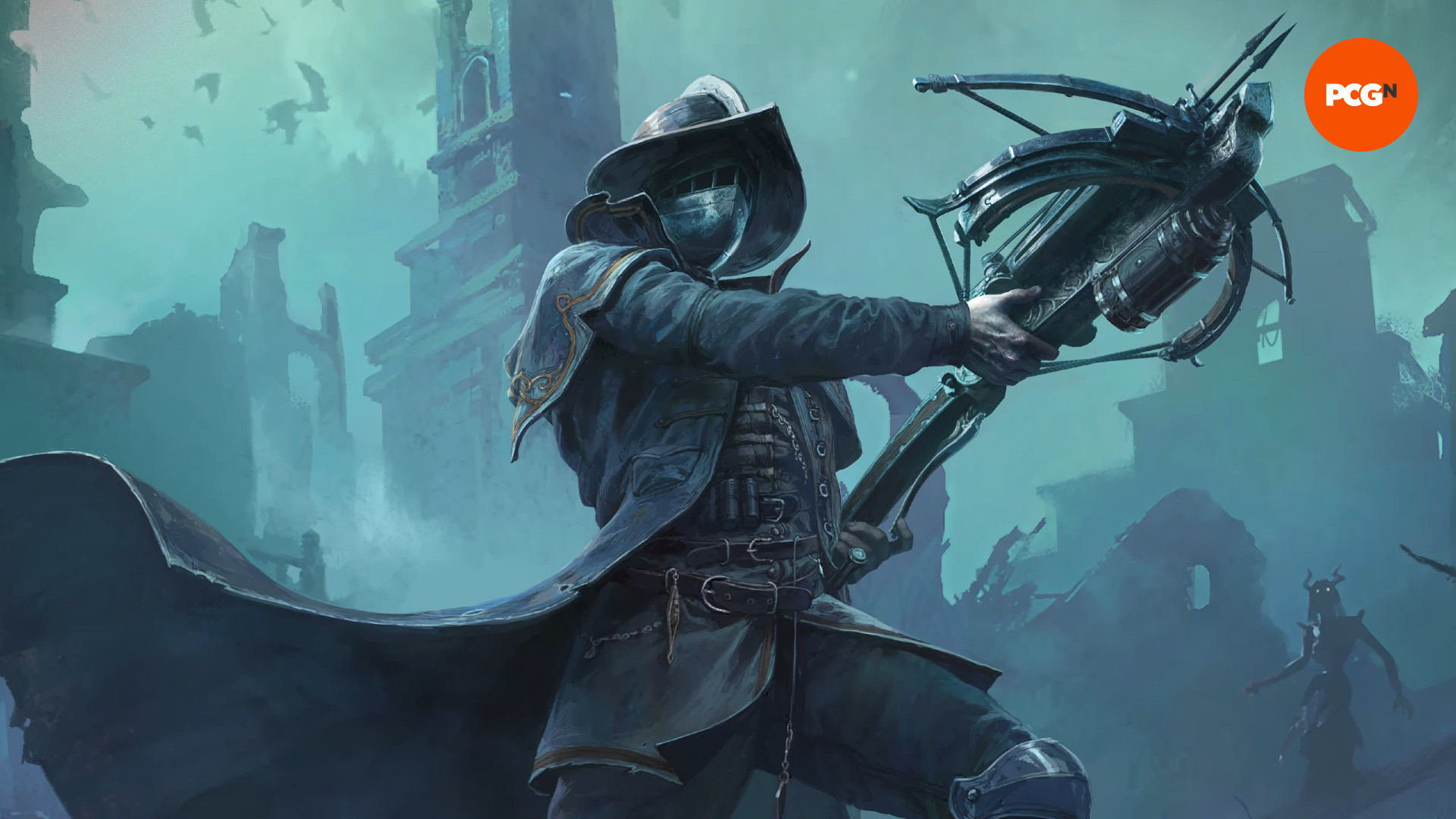 Path of Exile 2 Mercenary Witch Hunter - A figure in armor and a flowing black cloak wields a heavy crossbow.