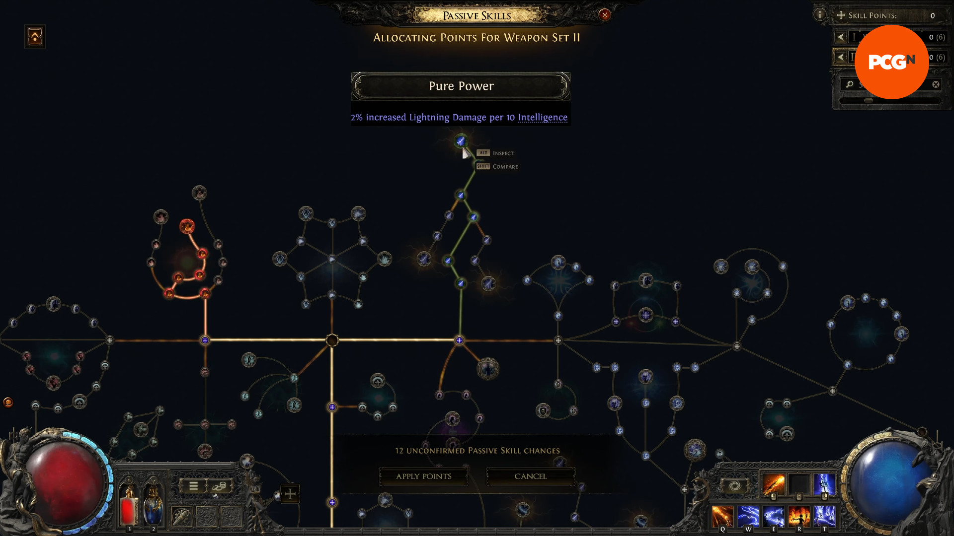 Path of Exile 2 skill tree - The player allocates weapon specialization points to the passive tree.