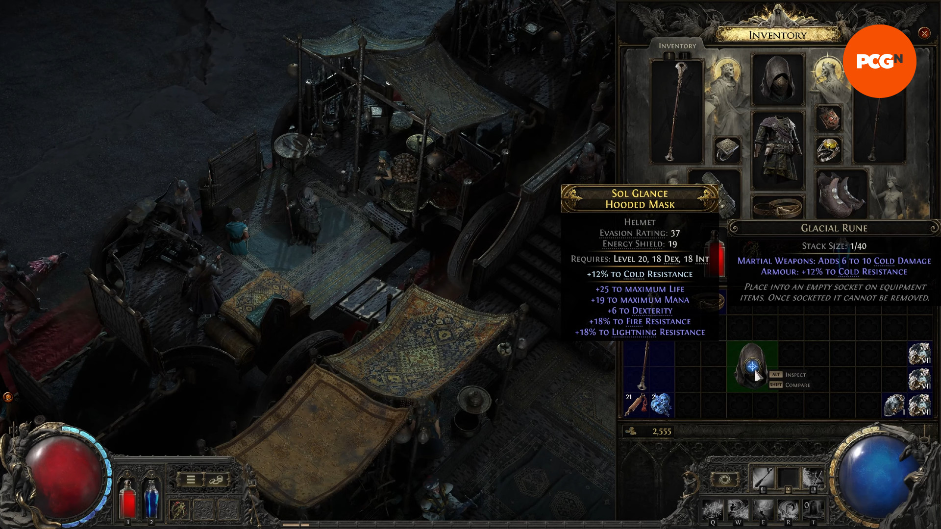 Path of Exile 2 crafting - A helmet with a rune placed in one of its sockets.