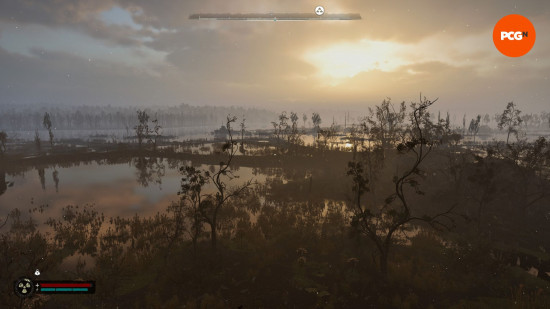 Stalker 2 review: a view of a swampy vista from a watchtower as the sun rises.