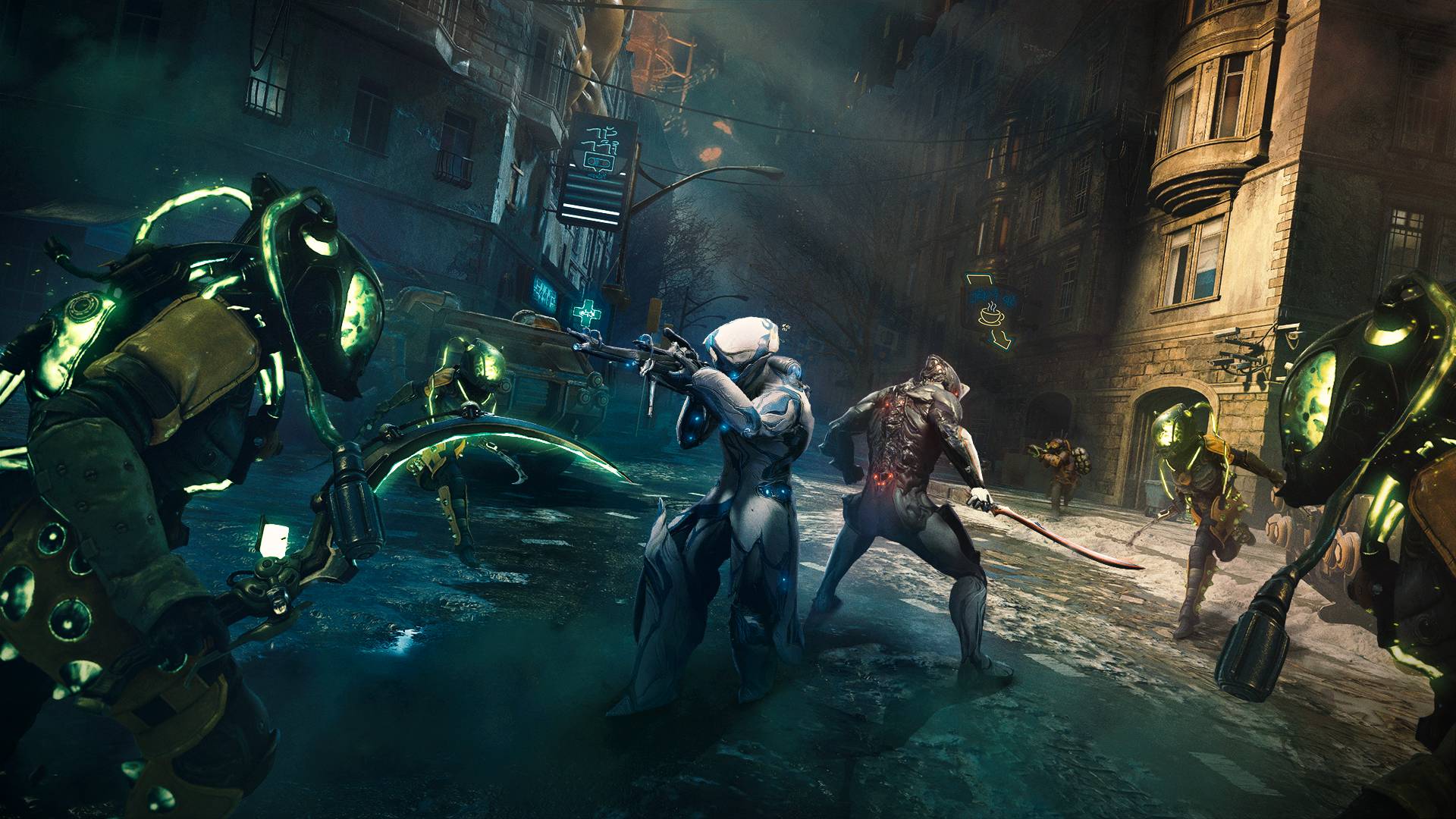 Warframe is getting a brand new mode that's "unlike anything it's done before": Two Warframes fighting off various monsters in a Gremanic-style city