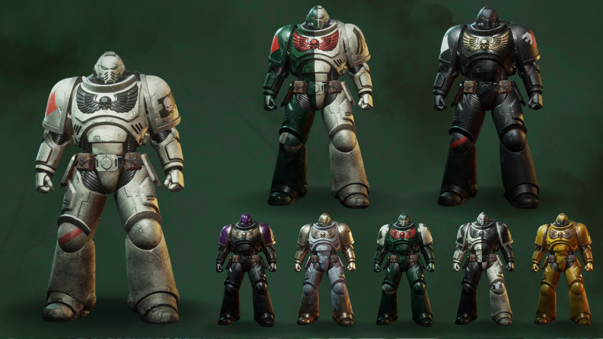 Warhammer 40k Space Marine 2 - A series of outfits in the Dark Angels Chapter Pack.