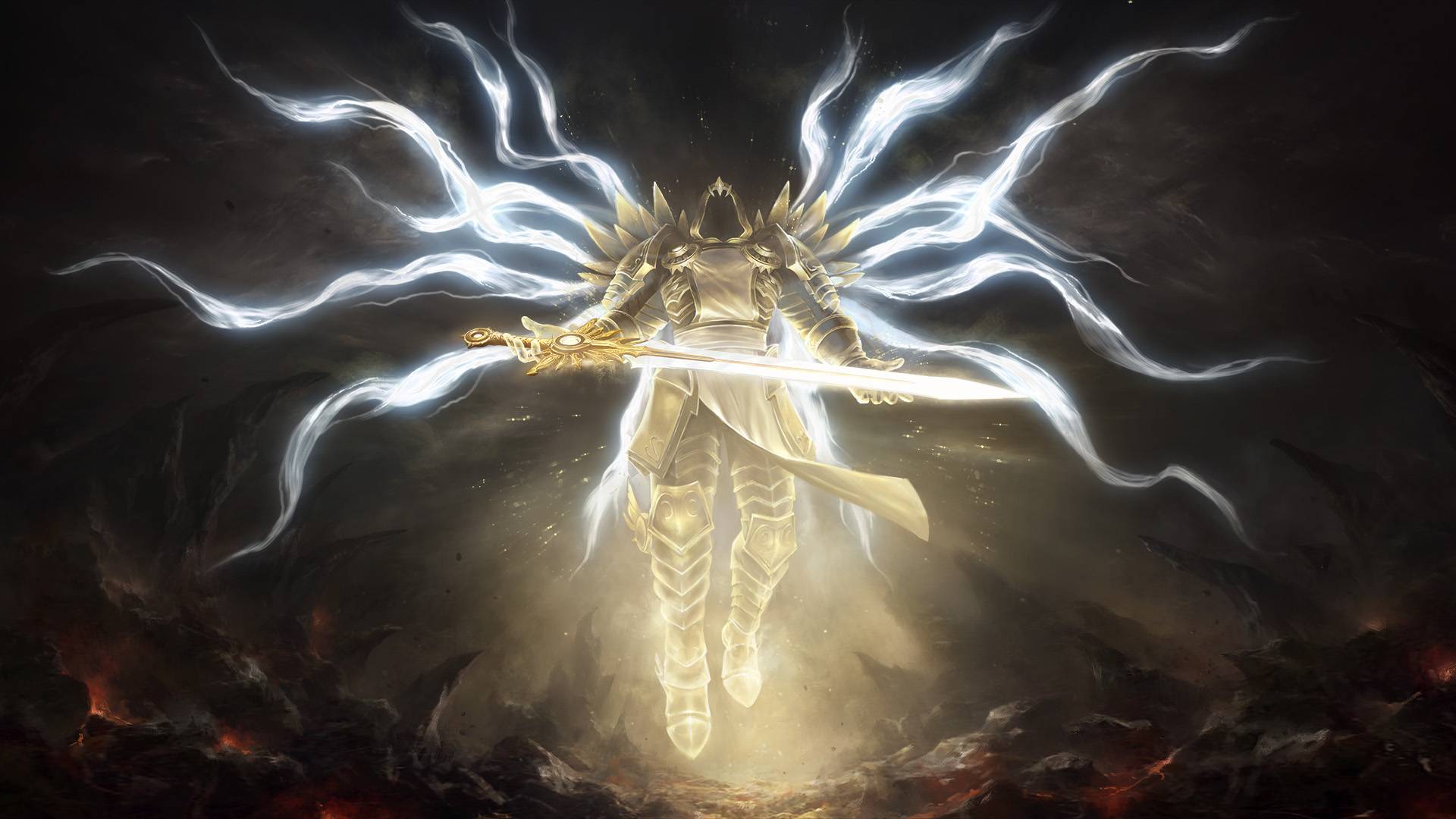 An angel with no face wearing golden armor holds out a glowing golden sword to the camera, hovering in a desolate rocky area