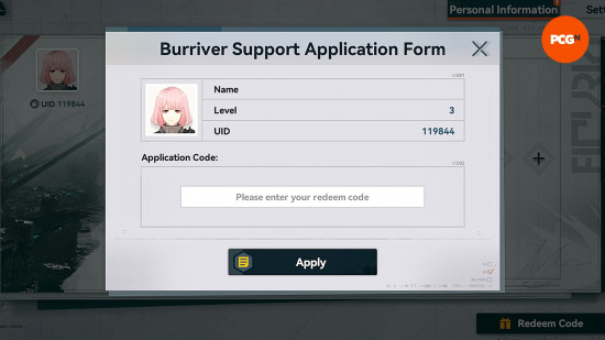 The player character ID card showing a box to enter Girls Frontline 2 codes in-game.