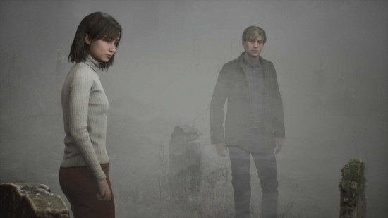 Silent Hill 2 remake's James and Angela standing in a foggy graveyard.