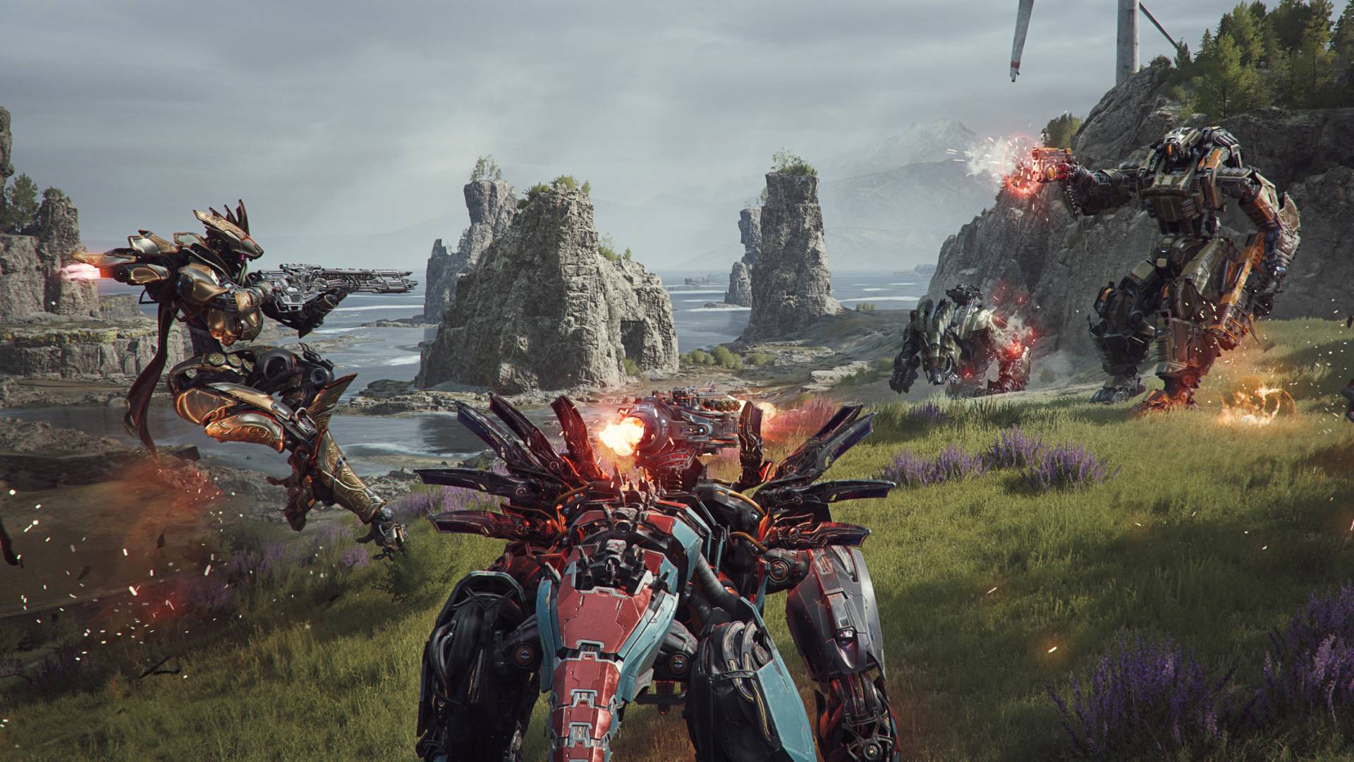 An image of huge mechs fighting in a grassland area with cliffs and the sea behind them