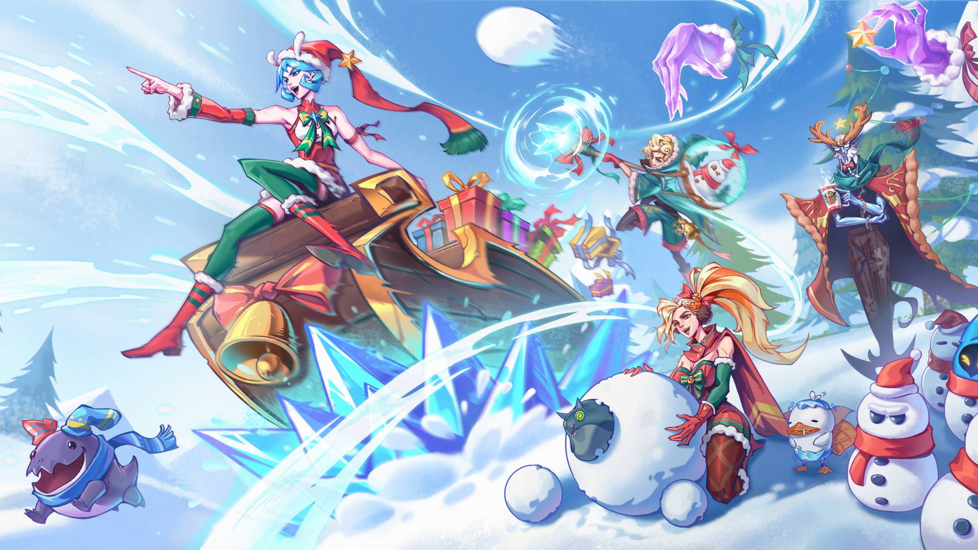 An image of Supervive characters riding along the snow in a chariot throwing snowballs