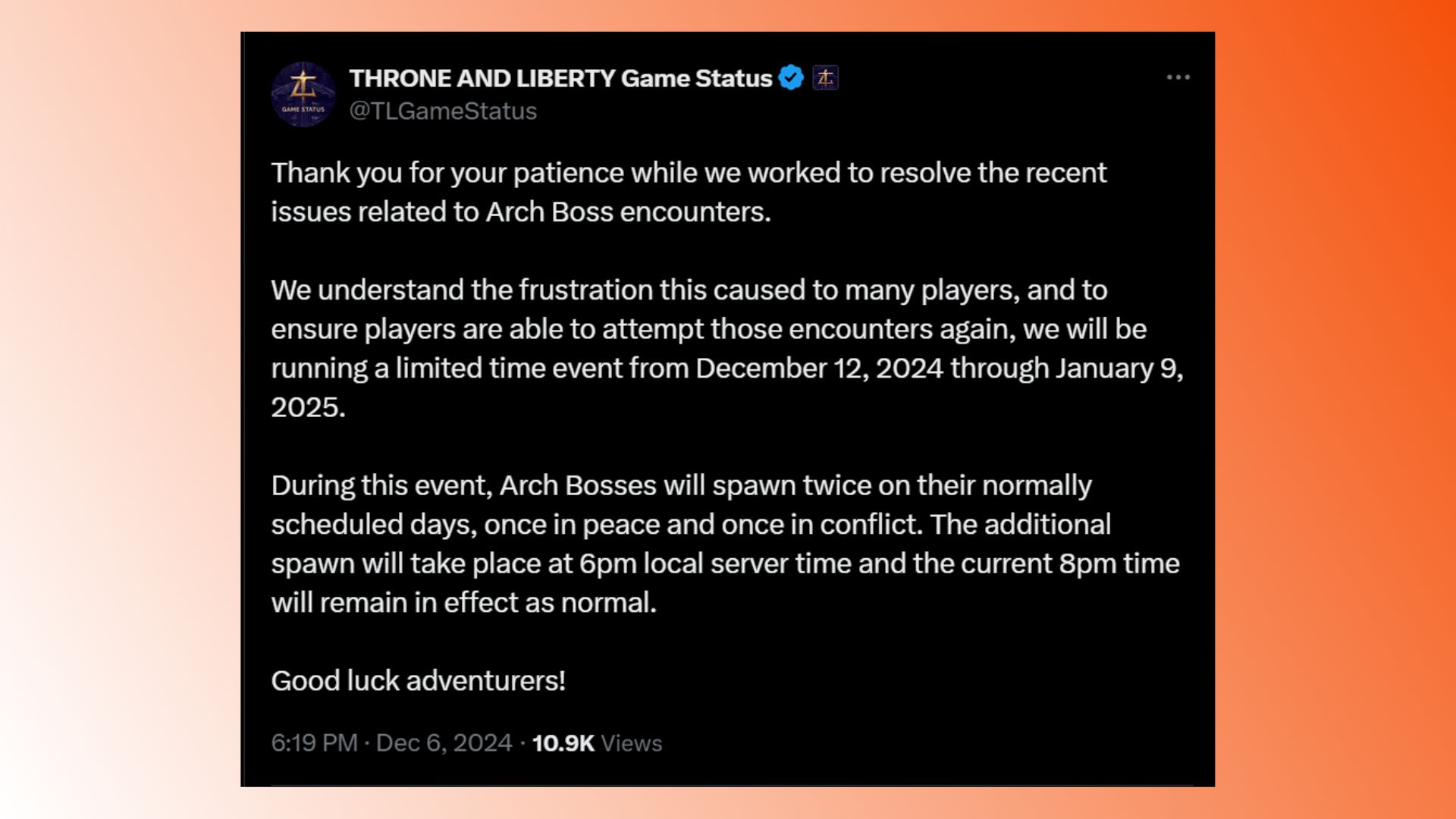 Throne and Liberty Arch Boos returning