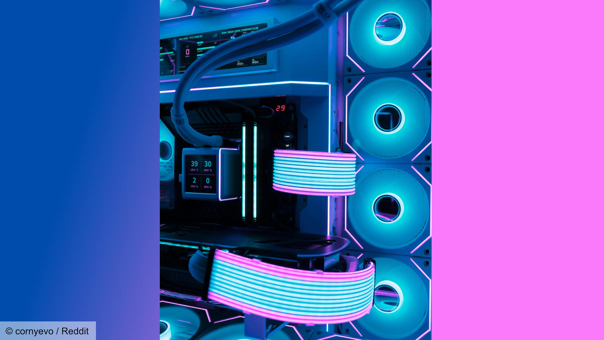 Tron-like gaming PC with fans and RGB cabling