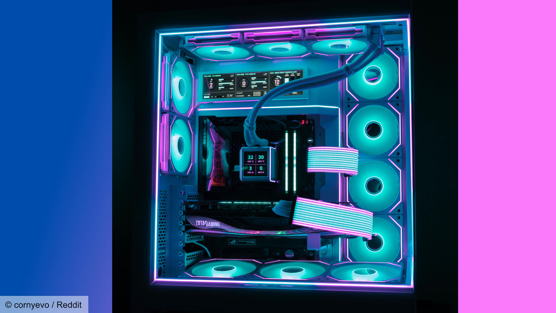 Side view of the Tron-like gaming PC build