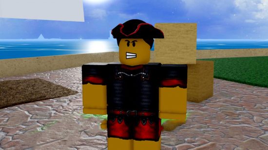 The Blox Fruits stocks dealer standing in Marine Town is wearing a tricorn hat and has a fierce look.