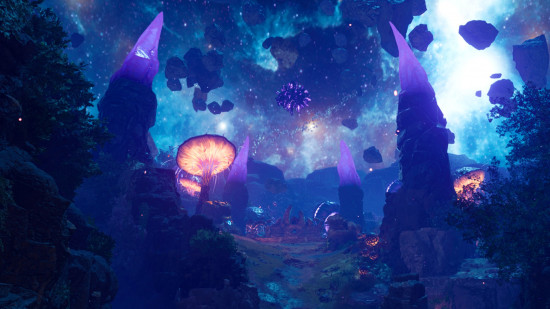 BO6 Zombies The Tomb main quest: The sky burns blue above large fungal growths and crystal pillars in the Dark Aether.