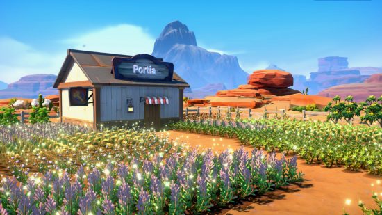 Games like Stardew Valley - My Time at Sandrock: Colourful farms in from of an homage to Portia, a barn bearing its name