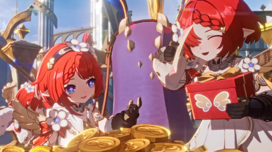 Two red-haired characters count golden coins in Amphoreus, the next world in Honkai Star Rail 3.0.