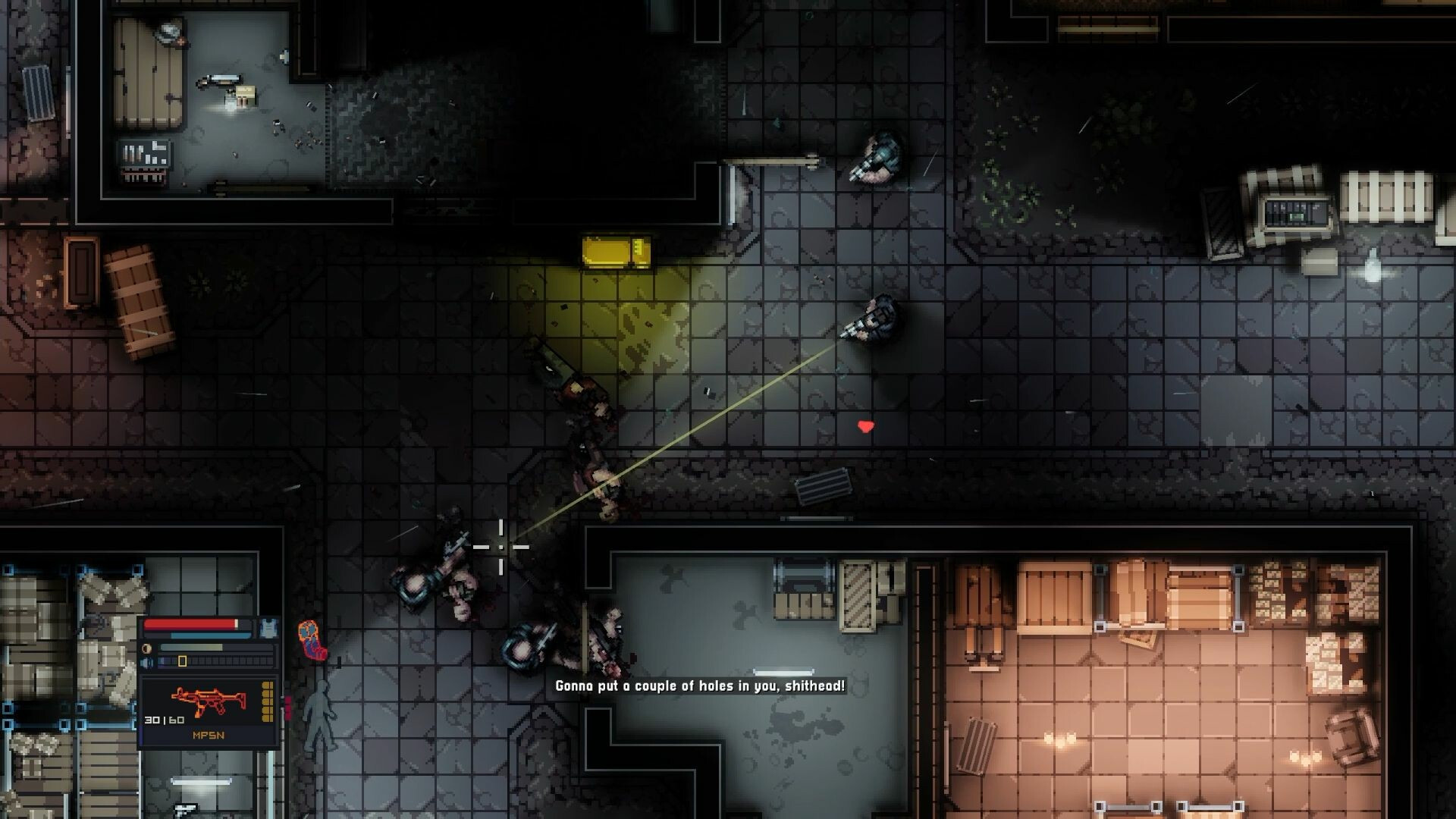 Intravenous 2 - A top-down view of several rival soldiers fighting amid small buildings.