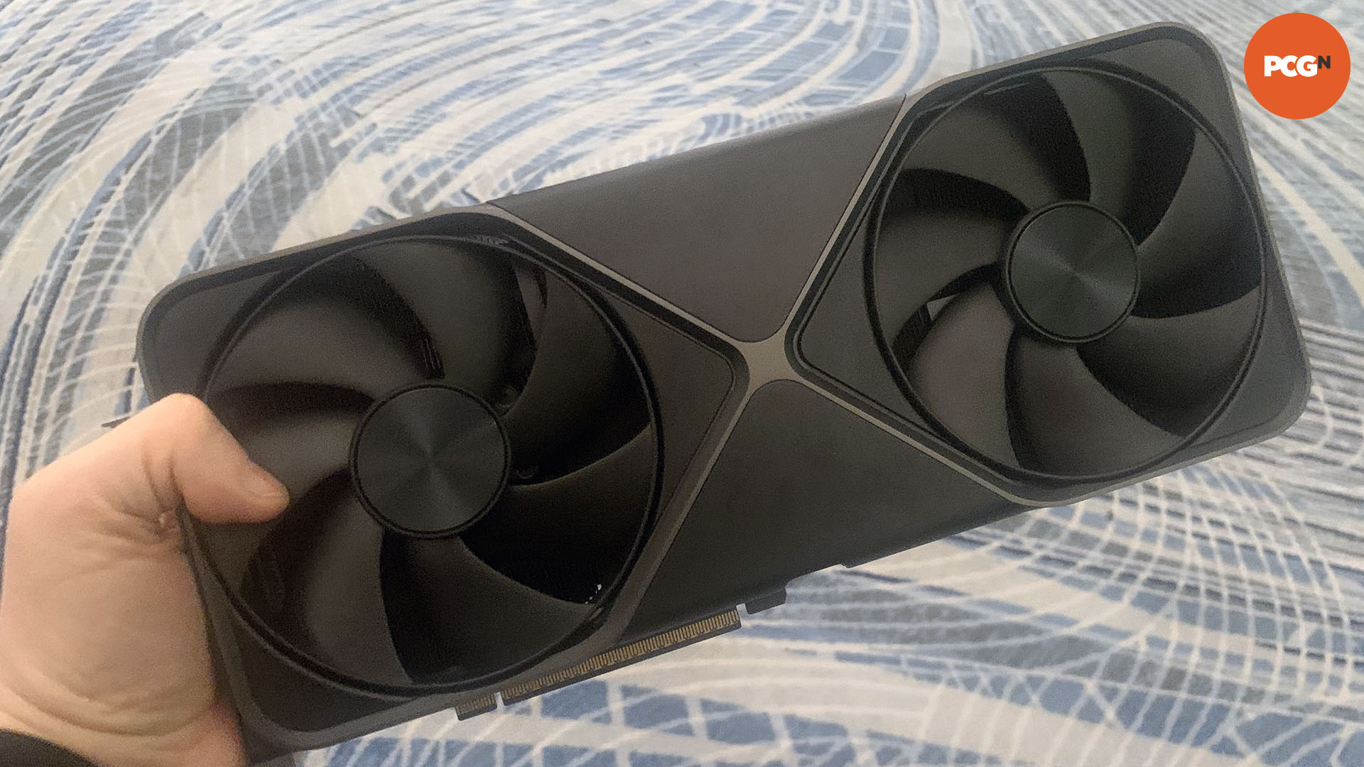 Nvidia GeForce RTX 5090 guide: Front of graphics card, taken from CES 2025.