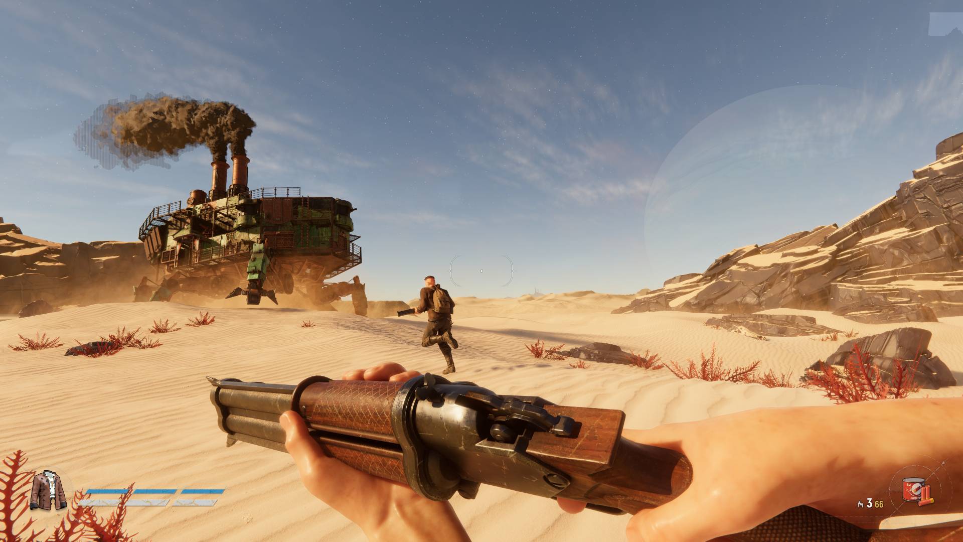 A videogame character with a rifle runs through a desert behind another player