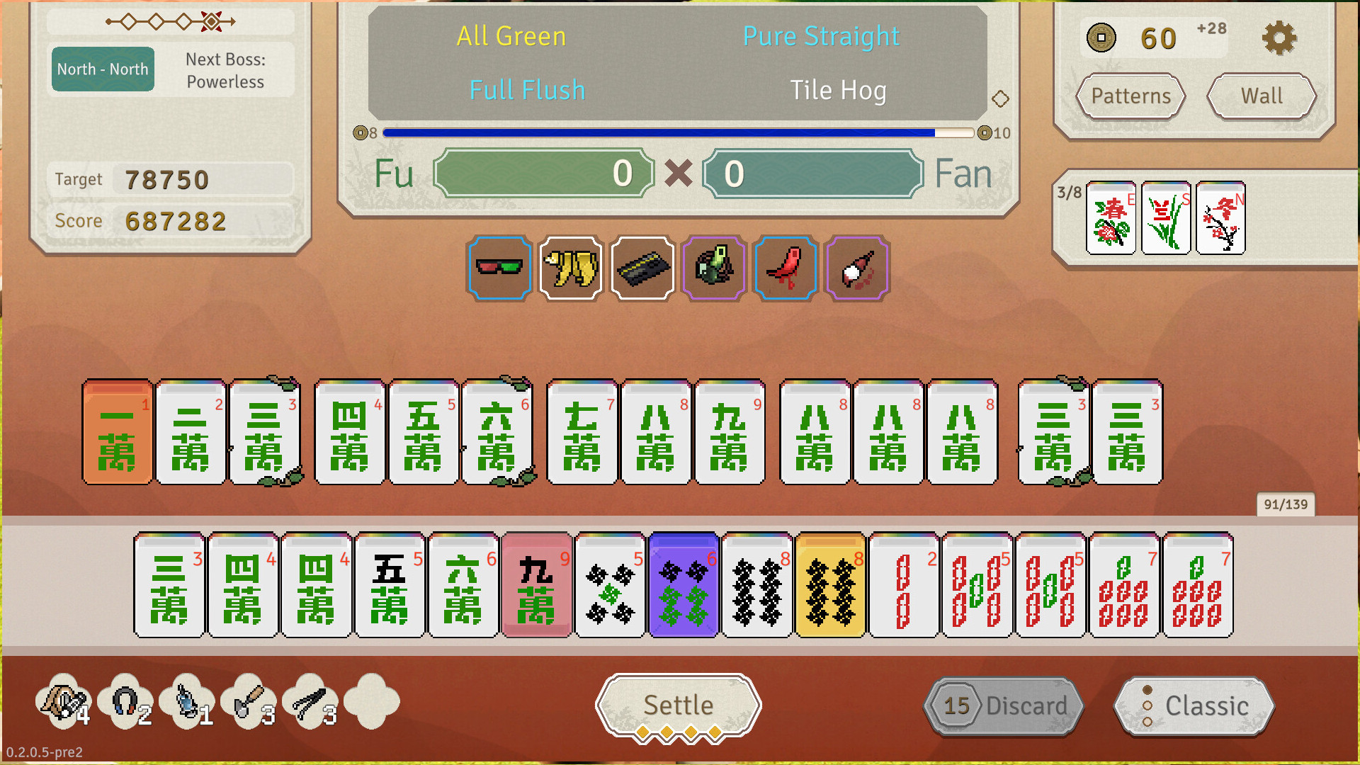 Aotenjo: Infinite Hands - A hand based on green character tiles.