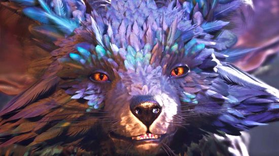 Flintlock The Siege of Dawn preview: Enki smiles at Nor, his iridescent fur and amber eyes gleaming.